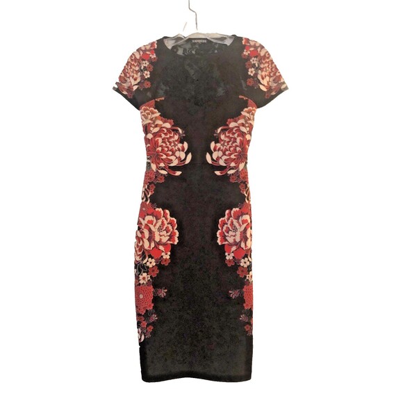Express Dress Black Red 2  Floral Lace Bodice & Lace Back Sheath Asian Design - Picture 2 of 6